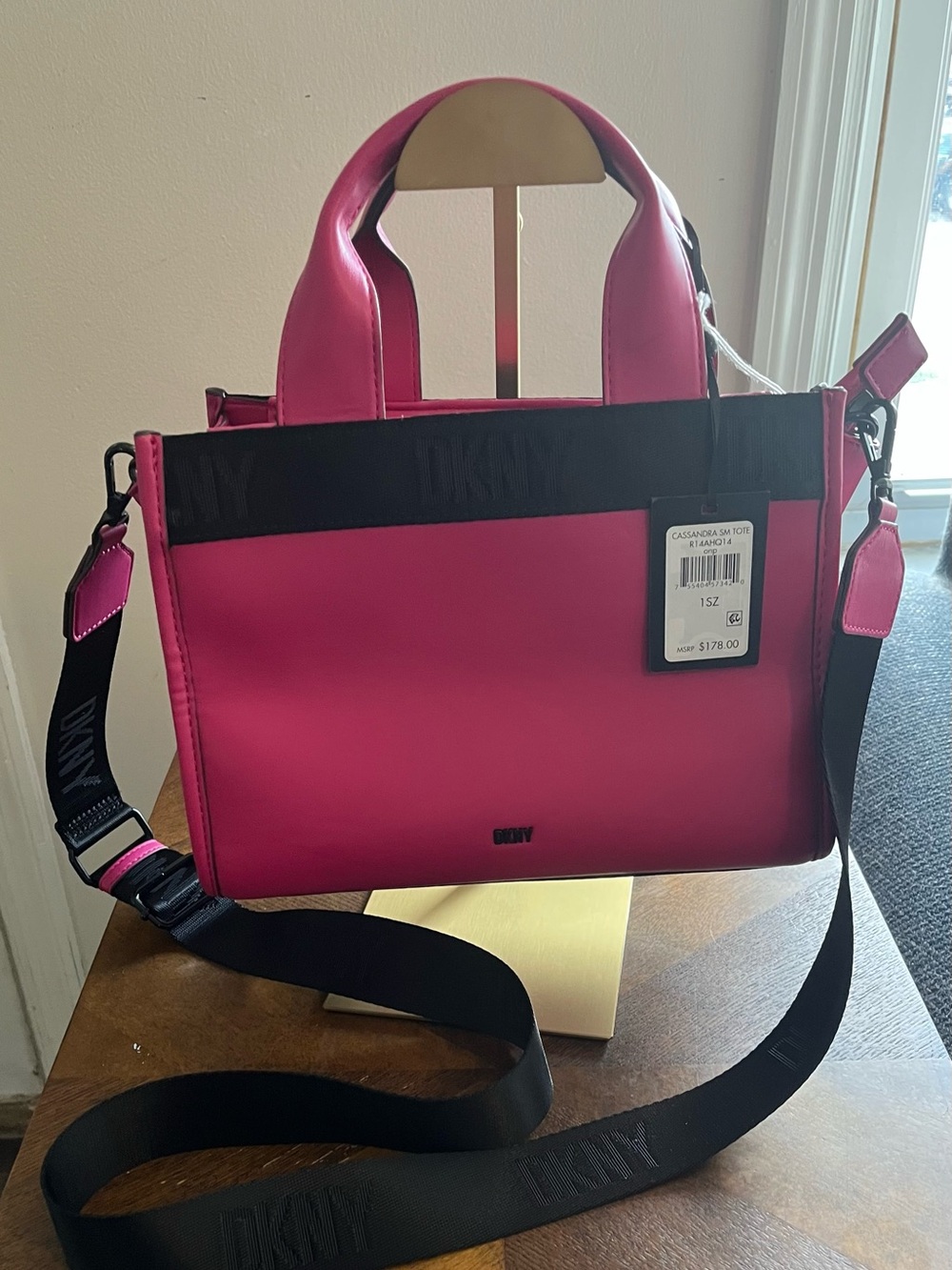 DKNY Hot Pink Cassandra Small Tote with Black Signature Strap